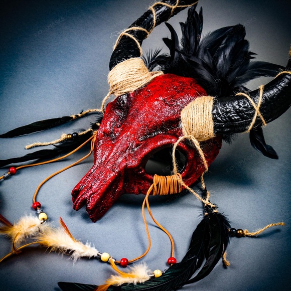 Halloween Red Skull Feather Mask Antelope Horns - Picture 3 of 8